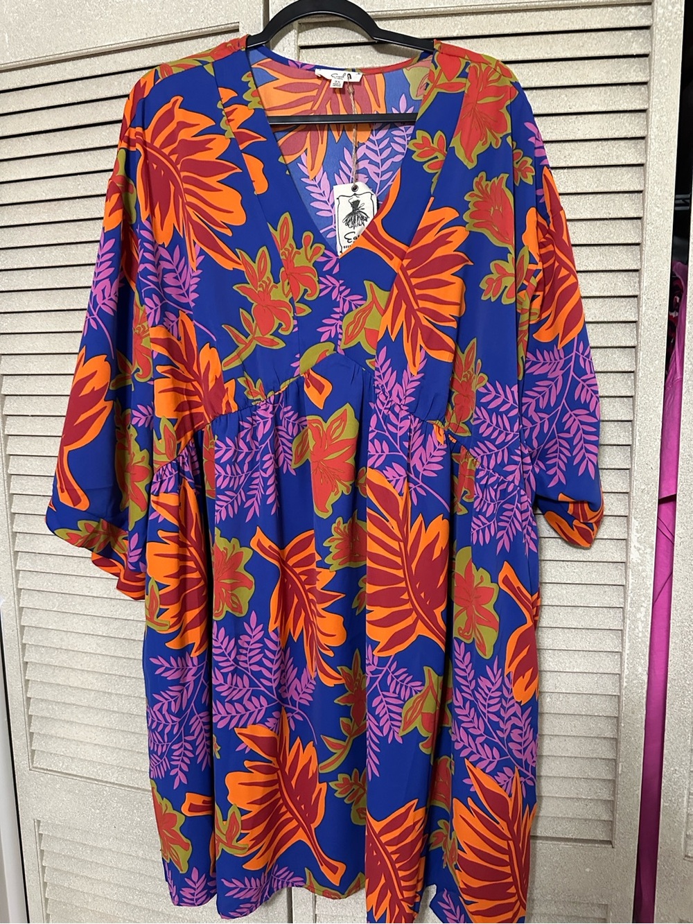 Easel Vibrant Floral V-Neck Dress in Bold Blue & Orange 3X